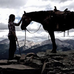 woman petting a horse on the head